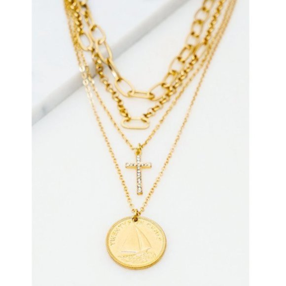 NEW 4 Layered Link Chain Sparkly Rhinestone Cross & Coin Pendant Gold Necklace - Picture 4 of 8